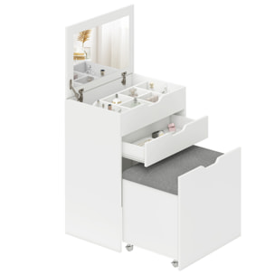 Tocador de Maquillaje con Taburete Oculto y Espejo Abatible, Mesa de Maquillaje con Cajón y 7 Compartimentos, Taburete Acolchado con Almacenamiento, para Espacios Reducidos, Vestidor, Blanco