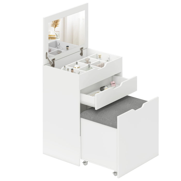 Tocador de Maquillaje con Taburete Oculto y Espejo Abatible, Mesa de Maquillaje con Cajón y 7 Compartimentos, Taburete Acolchado con Almacenamiento, para Espacios Reducidos, Vestidor, Blanco