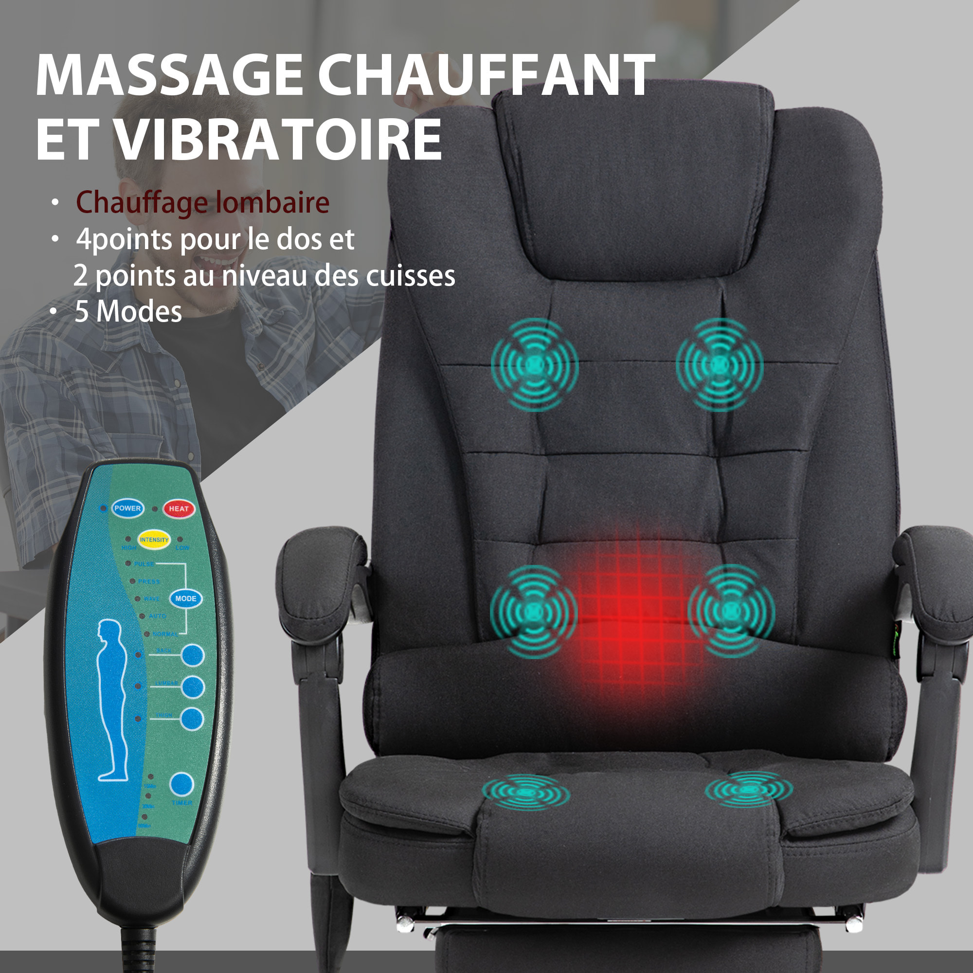 Fauteuil de bureau direction massant chauffant hauteur réglable dossier inclinable tissu noir