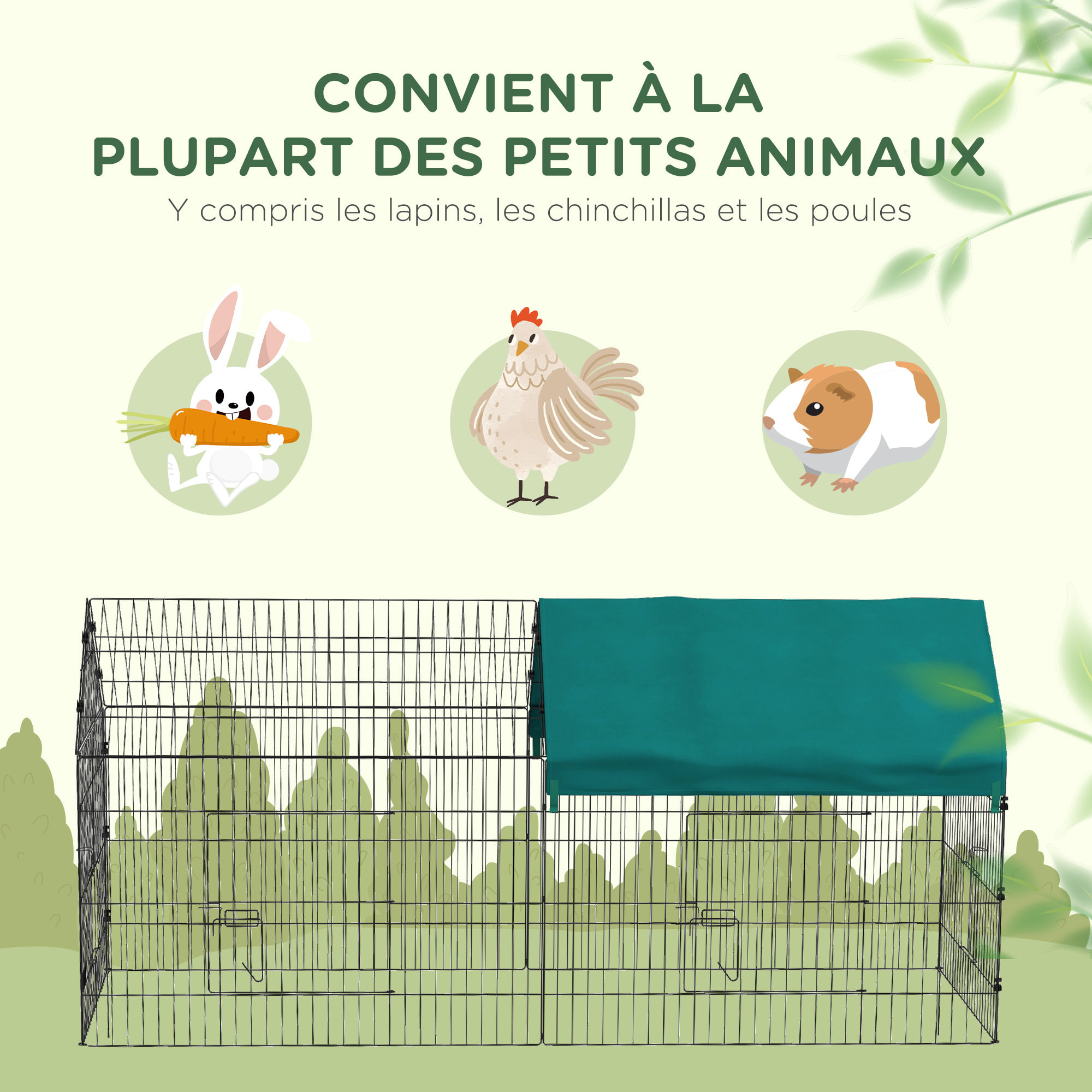 Parc enclos petits animaux - 2 portes, 2 trappes nourrissages, zone couverte - acier noir polyester vert