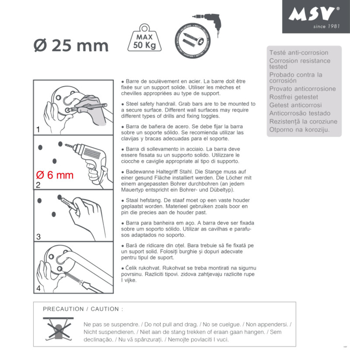 Barre de redressement ou d'appui Acier 60cm Blanc MSV