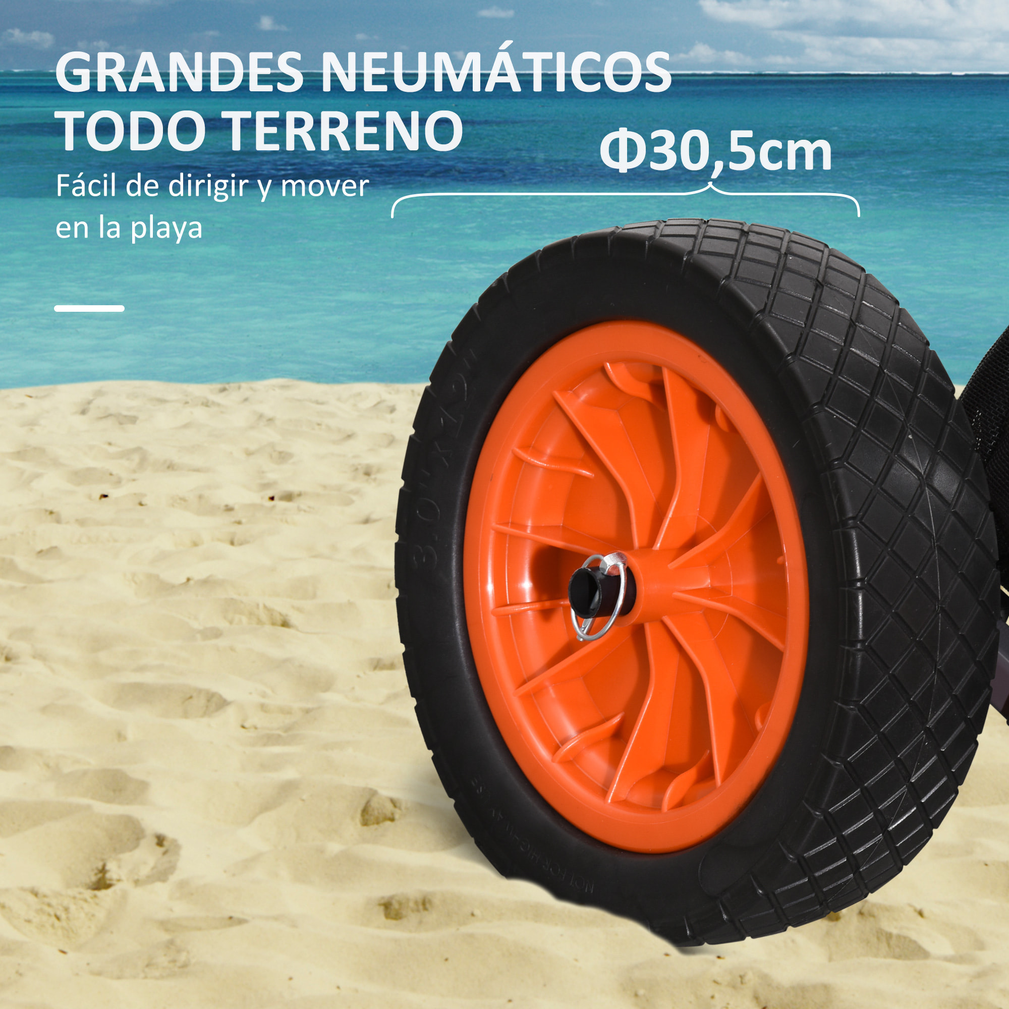 Carro Playa Plegable, Carro Transporte con Grandes Ruedas de 30 cm para Todo Terreno, con Bolsillo de Malla y Mango Telescópica de Aluminio, para Jardín, Campaña, Compra, Carga 150 kg, Gris