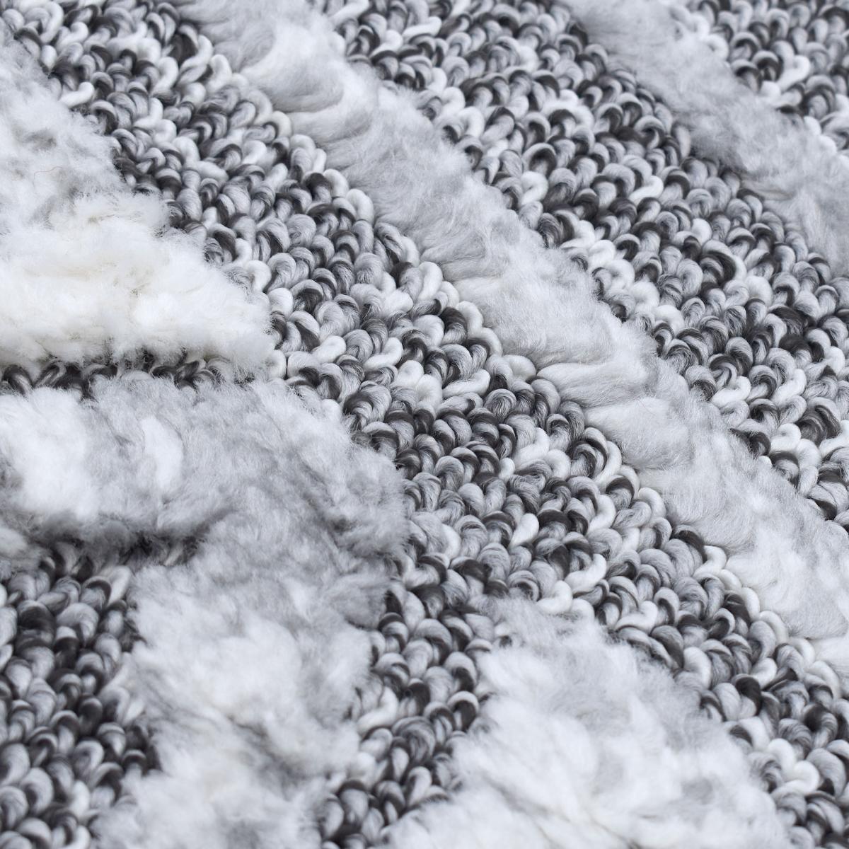 Tapis Gaco en relief dessin ethnique géométrique, couleur gris et blanc