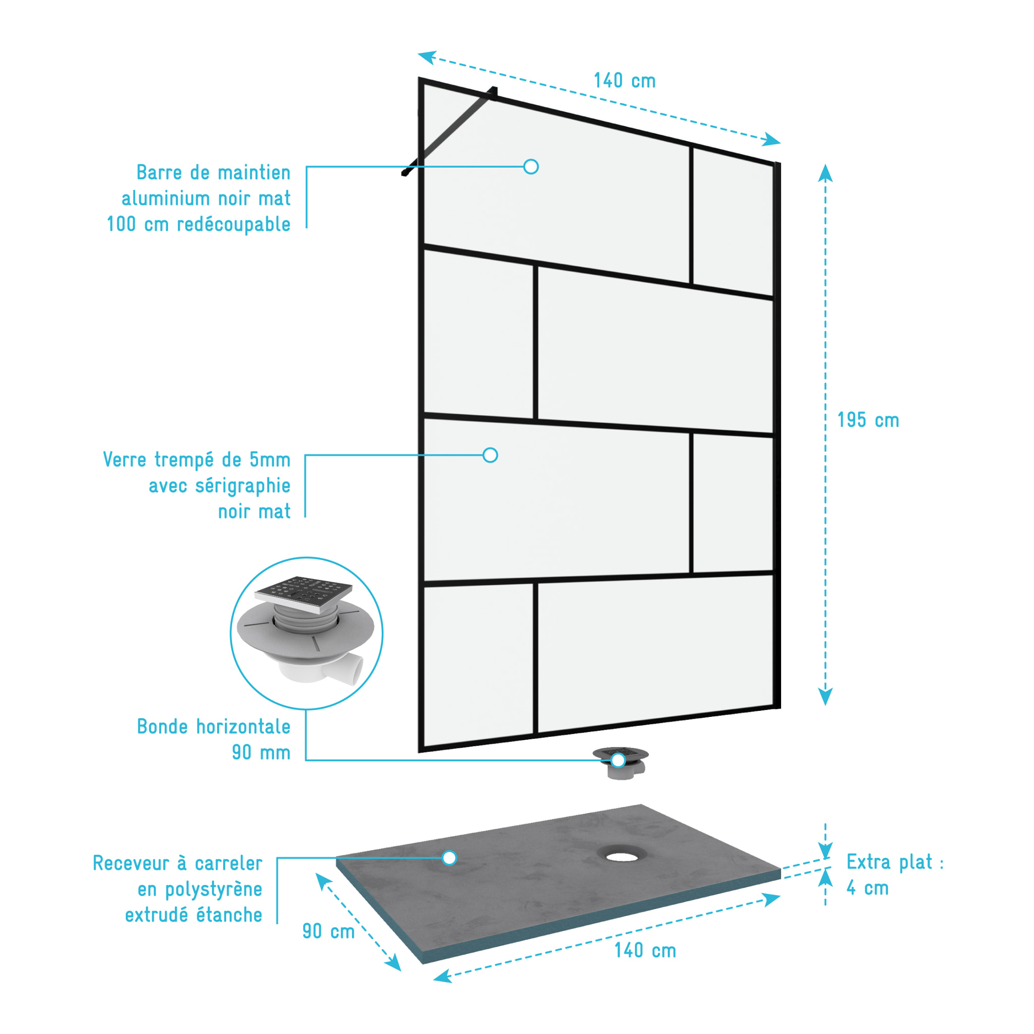 Pack Paroi de douche 140x195 cm + RECEVEUR DE DOUCHE A CARRELER 90x140 RECOUPABLE