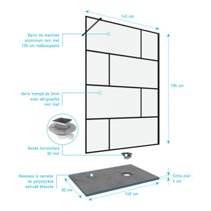 Pack Paroi de douche 140x195 cm + RECEVEUR DE DOUCHE A CARRELER 90x140 RECOUPABLE