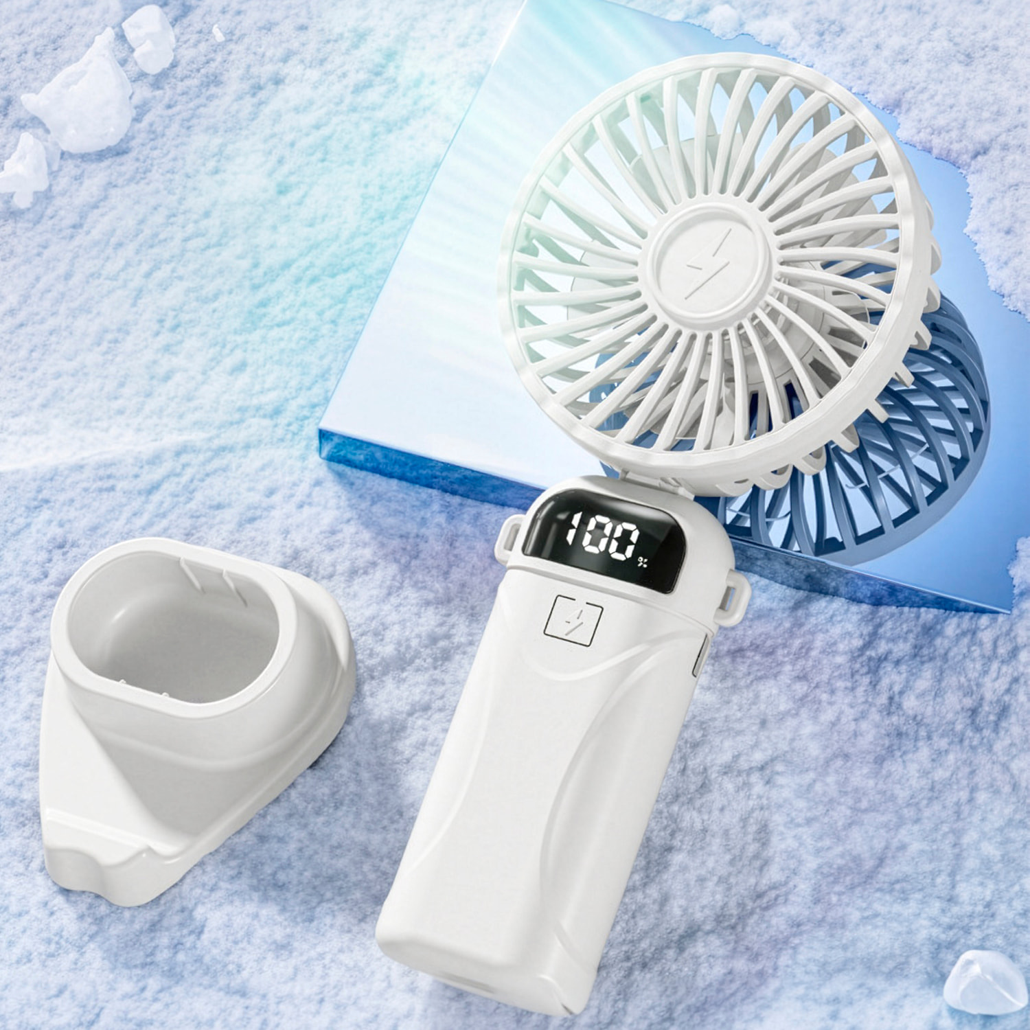 Ventilador portátil A18. Con pantalla LED, 5 velocidades, giro con ángulo ajustable de 90°, batería recargable y soporte para móvil.