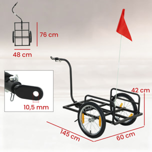Remolque de Bicicleta para Carga 40 kg, Carro de Mano de Acero con Bandera Roja, Ruedas de 16 Pulgadas, para Transporte de Equipaje, para Bici de 22 a 28 Pulgadas, 145x60x42 cm, Negro