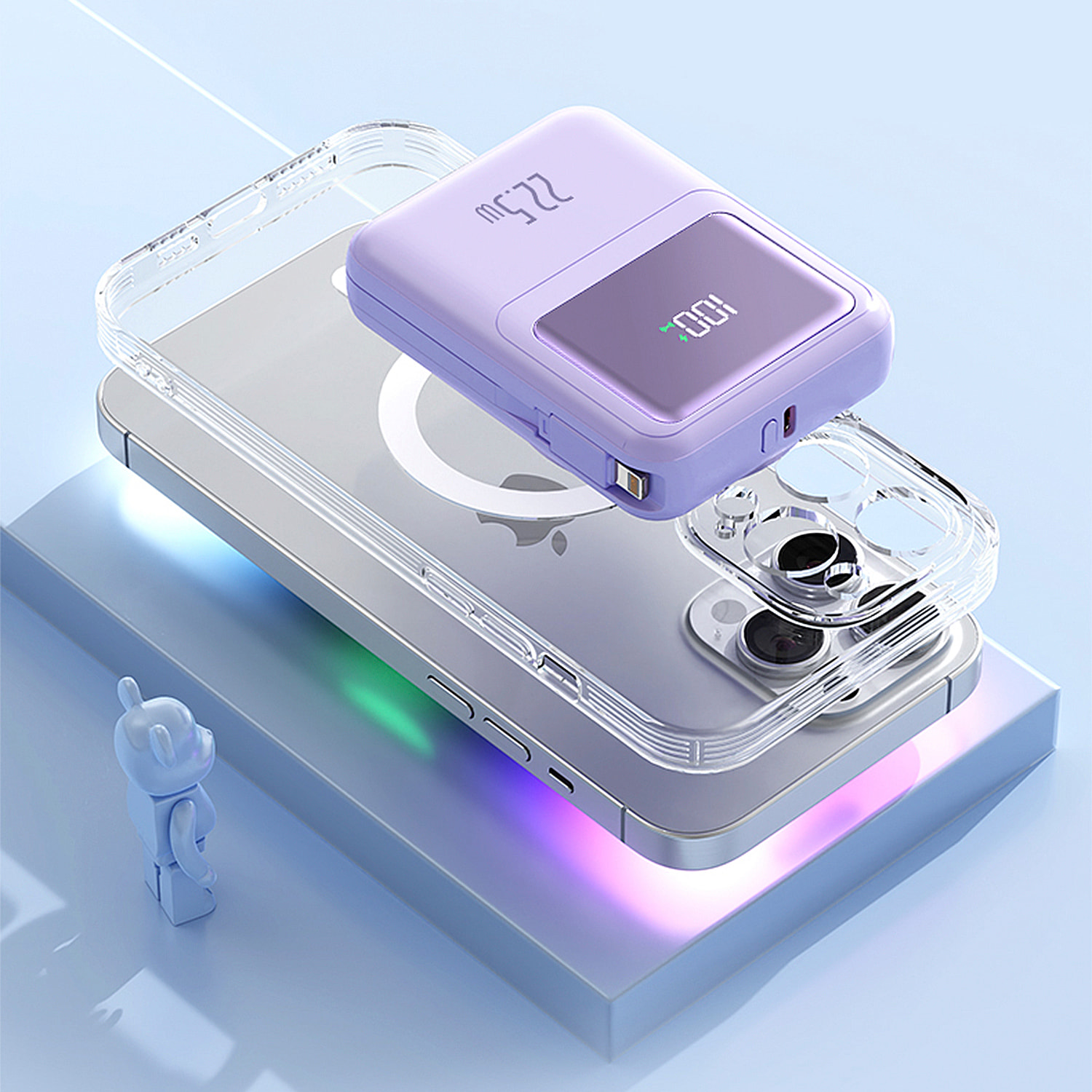 Powerbank 10.000mAh con ricarica rapida PD22,5W e ricarica wireless da 15W. Cavi USB-C e Lightning integrati. Display LED di carica.