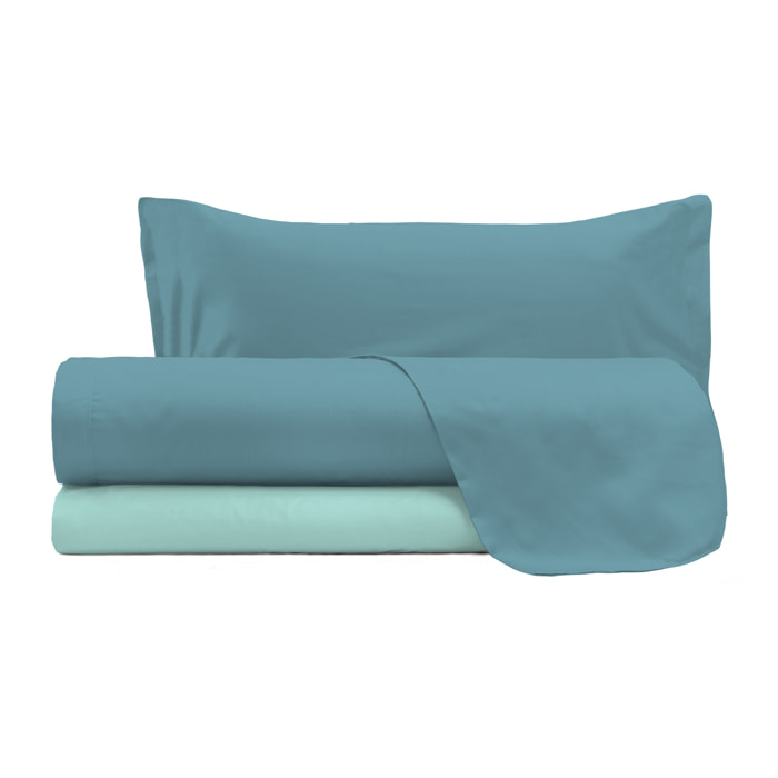 COMPLETO LETTO NATURAL COLOUR MADE IN ITALY COTONE-OTTANIO/VERDE ACQUA PIAZZA E MEZZA