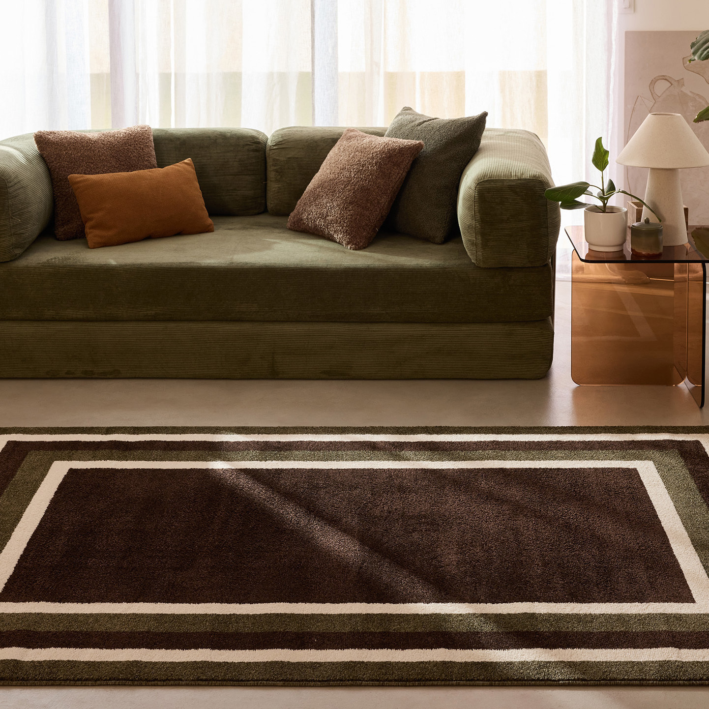 SANTAL - Tapis de salon marron à motif cadre rétro