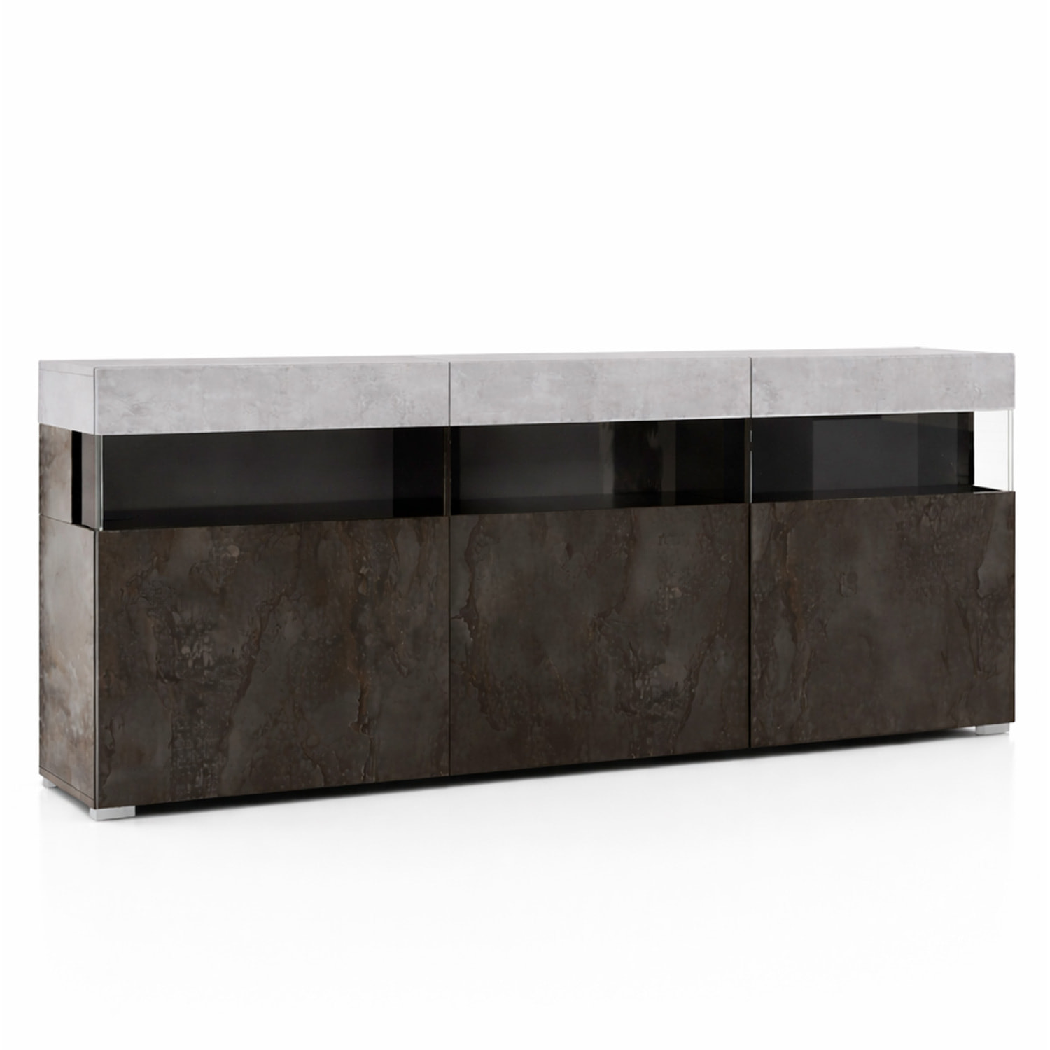 Madia Soggiorno Con 3 Ante Push-Pull E 3 Vani A Giorno in Vetro Mobile Credenza Moderna Zona Living 180 x 41.2 x 80 Cm Ossido E Grigio Cemento