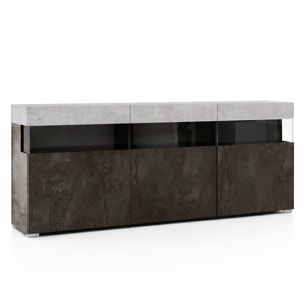 Madia Soggiorno Con 3 Ante Push-Pull E 3 Vani A Giorno in Vetro Mobile Credenza Moderna Zona Living 180 x 41.2 x 80 Cm Ossido E Grigio Cemento