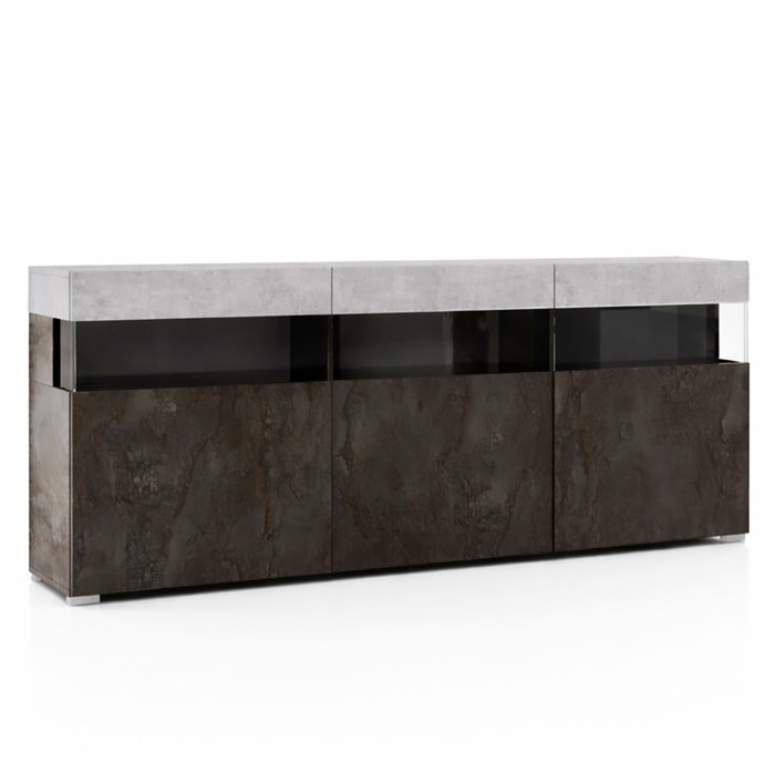 Madia Soggiorno Con 3 Ante Push-Pull E 3 Vani A Giorno in Vetro Mobile Credenza Moderna Zona Living 180 x 41.2 x 80 Cm Ossido E Grigio Cemento