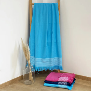 Fouta doublée éponge - Paski Turquoise - 140x180cm - 300g/m²