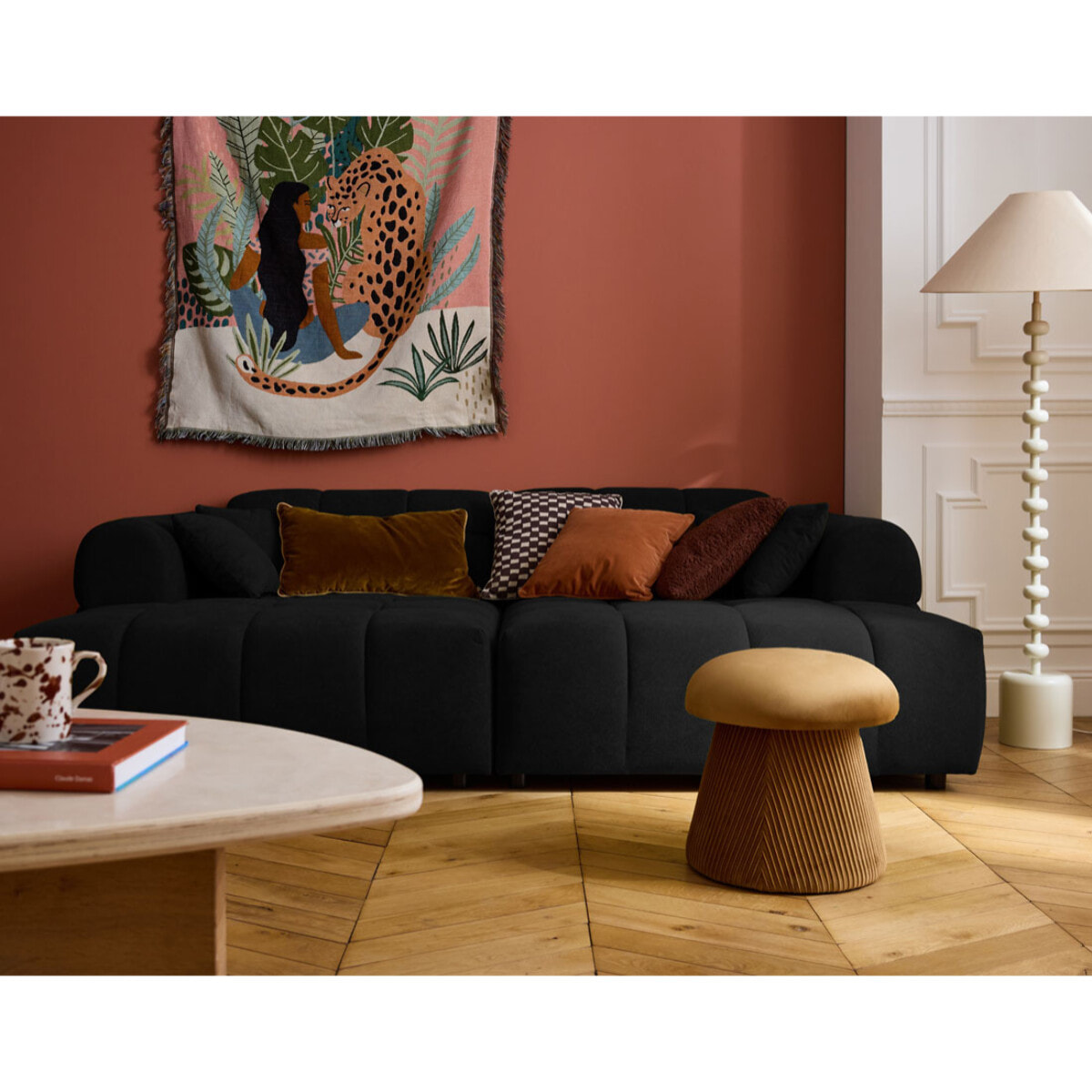Ray - canapé droit 4 places avec double méridienne - assise profonde - en tissu texturé - Noir