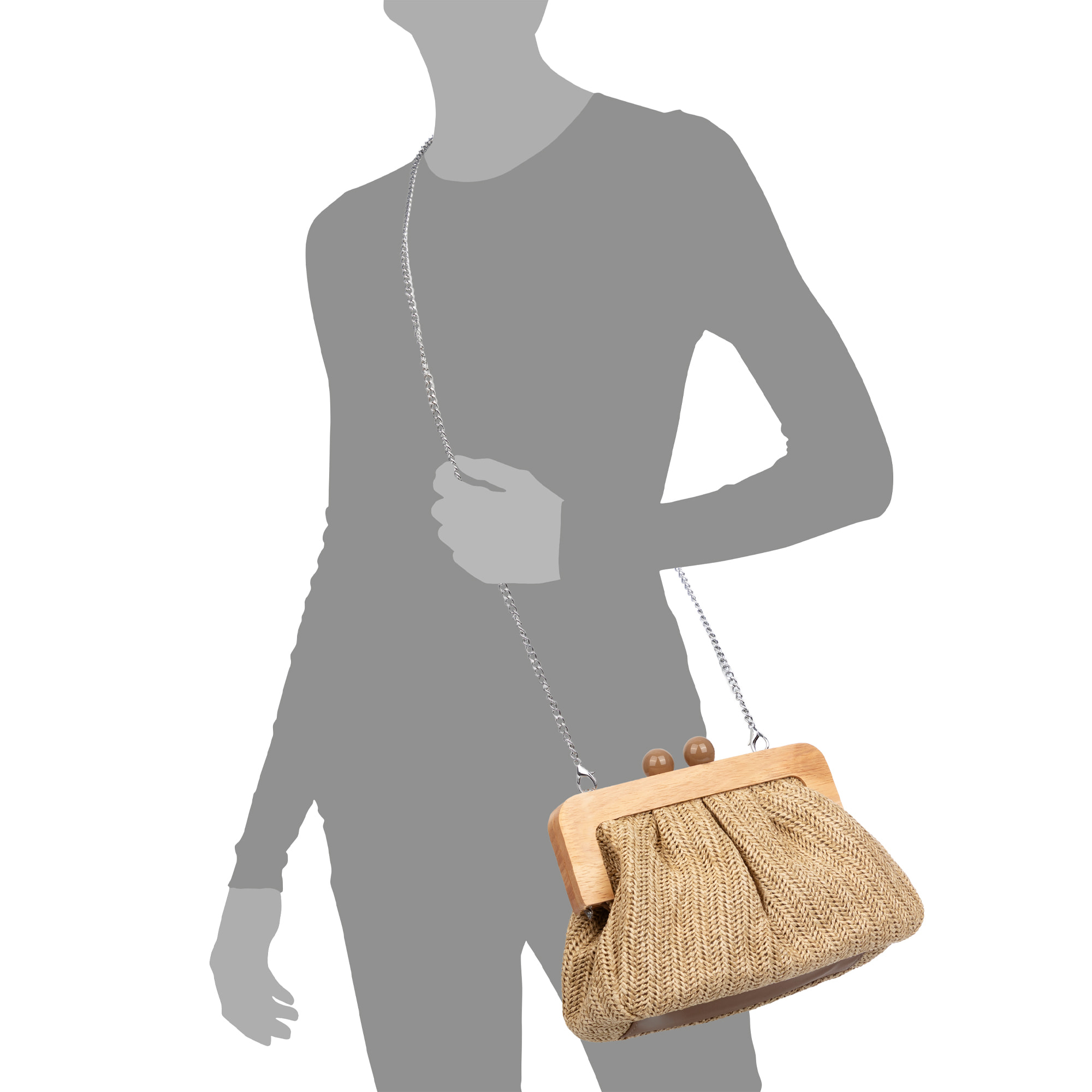 Benestare Bolso bandolera Mujer. Tela con detalles de madera natural y piel sintética.