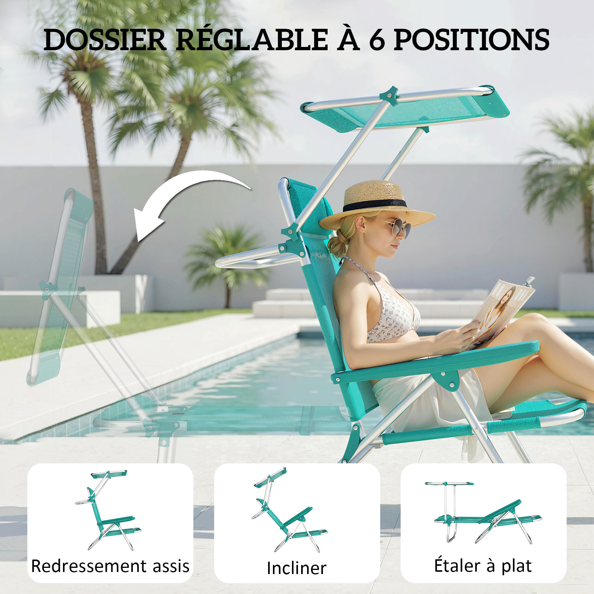 Chaise de plage pliable inclinable avec pare-soleil turquoise