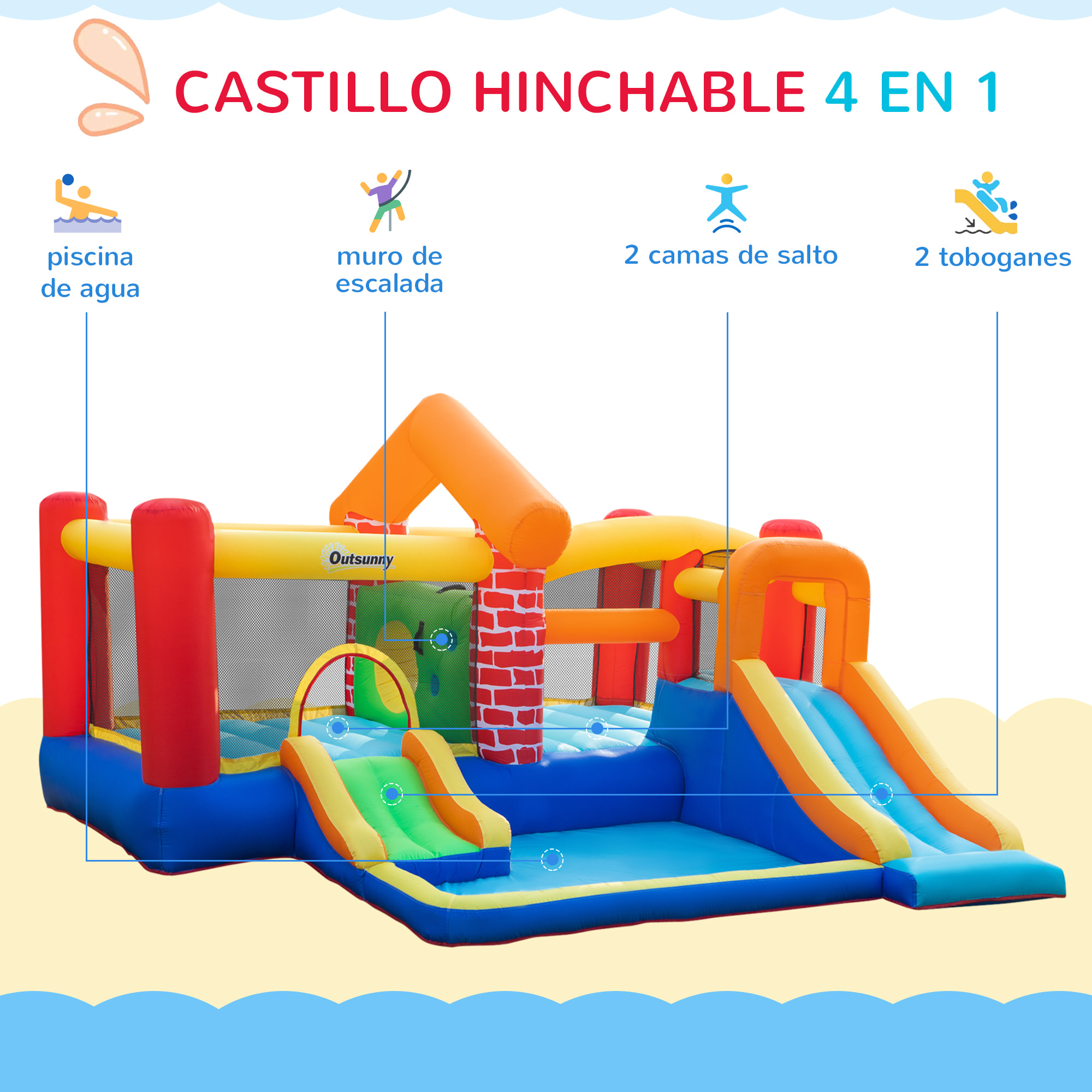 Castillo Hinchable con 2 Toboganes 2 Camas de Salto y Piscina para Niños +3 Años Incluye Inflador y Bolsa de Transporte para Interior Exterior 380x370x230 cm Multicolor