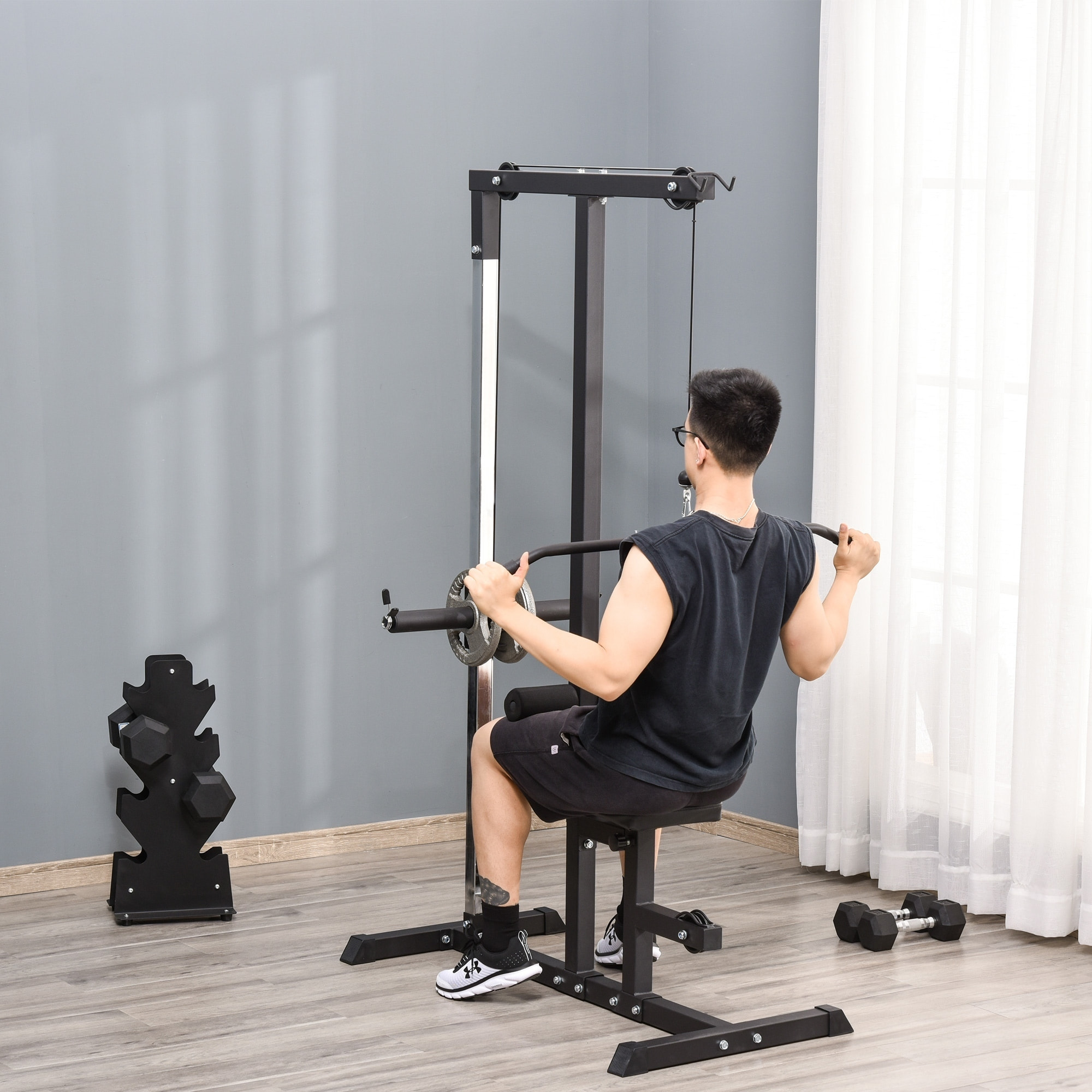 Máquina de Musculación Estación de Entrenamiento para Jalón al Pecho con Polea y Asiento Regulable para Entrenamiento en Gimnasio Hogar Oficina Carga Máx. 100 kg 107x120x190 cm Negro
