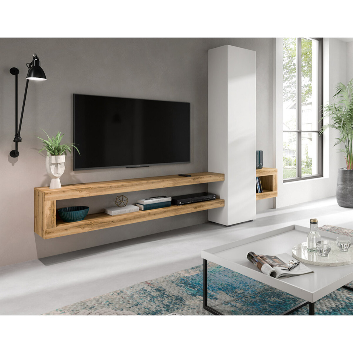 Ned - meuble tv suspendu - 1 porte et 3 étagères - bois et blanc - 240 cm - Bois / Blanc