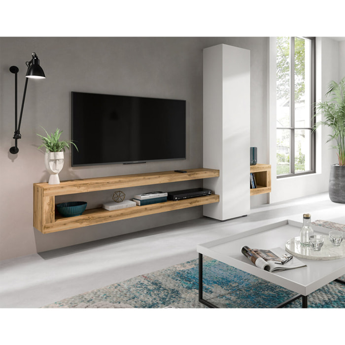 Ned - meuble tv suspendu - 1 porte et 3 étagères - bois et blanc - 240 cm - Bois / Blanc