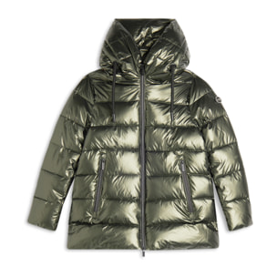 Piumino donna lucido con cappuccio protettivo e coulisse