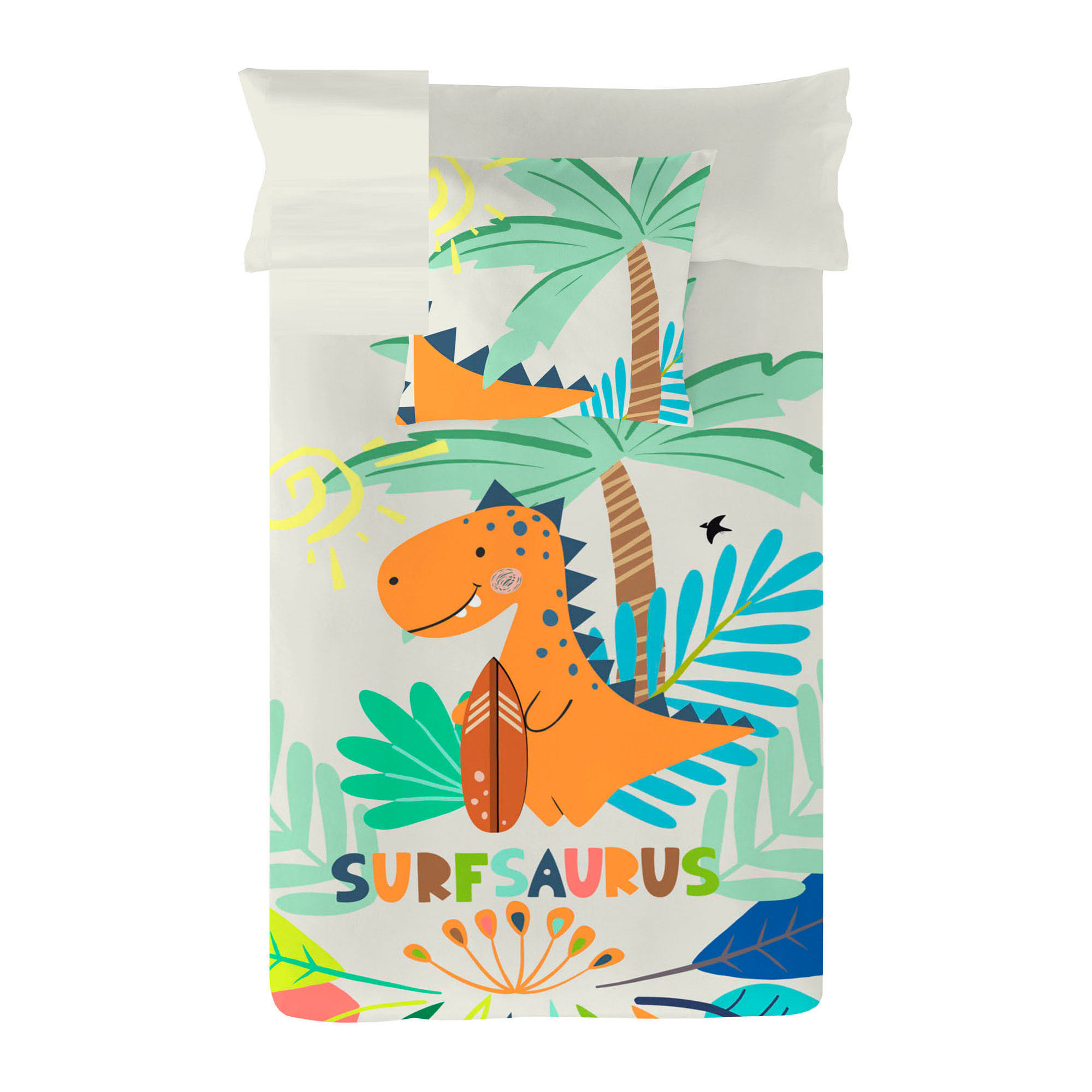 Naturals - Funda Nórdica Estampada - Infantil - Cierre Solapa - 100% Algodón - Incluye 1 Funda de Almohada - Surfsaurus