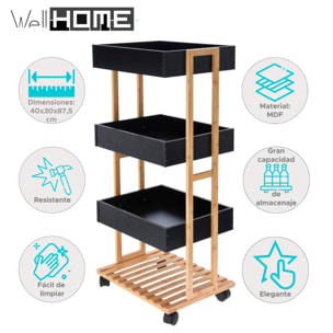 Well Home Carro de almacenamiento en Bambú con 1 estante y 3 Bandejas en color Negro 40x30x87,5cm