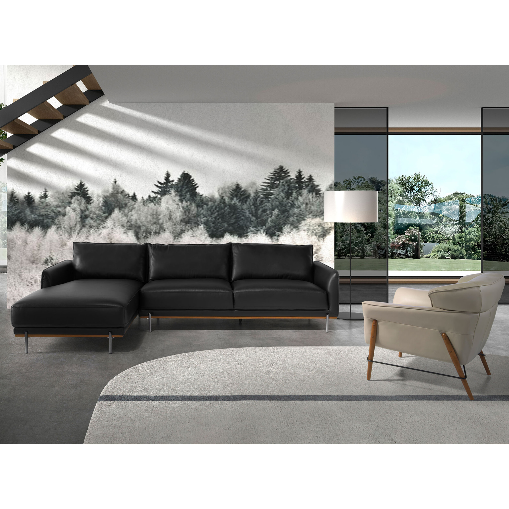 Sofá chaise longue Angel Cerdá izquierda de 5 plazas tapizado en piel de origen vacuno en negro embellecedor de madera de haya vaporizada en nogal y patas de acero inoxidable oscurecido 295x160x83cm