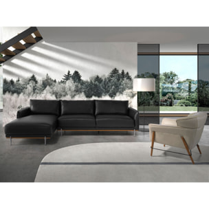 Sofá chaise longue Angel Cerdá izquierda de 5 plazas tapizado en piel de origen vacuno en negro embellecedor de madera de haya vaporizada en nogal y patas de acero inoxidable oscurecido 295x160x83cm
