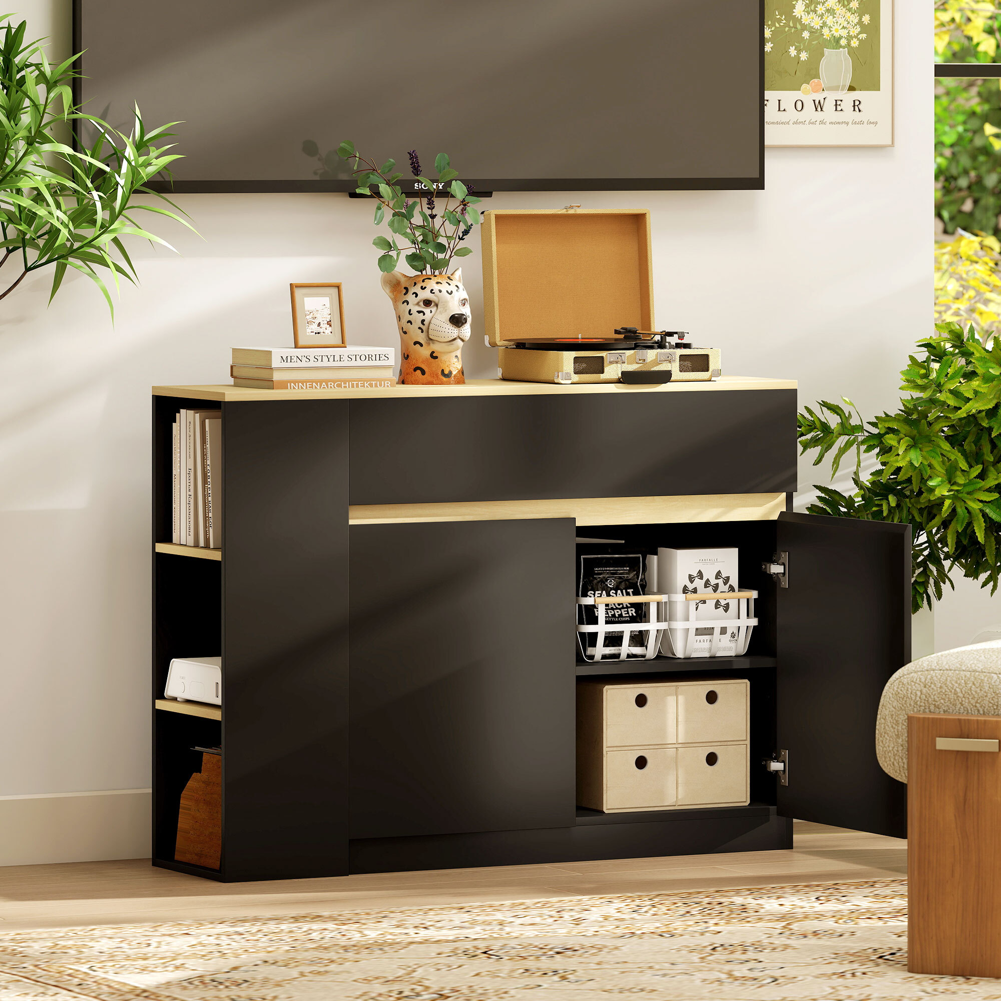 Buffet design bicolore noir effet chêne clair 2 portes étagère grand tiroir avec séparateur 3 niches