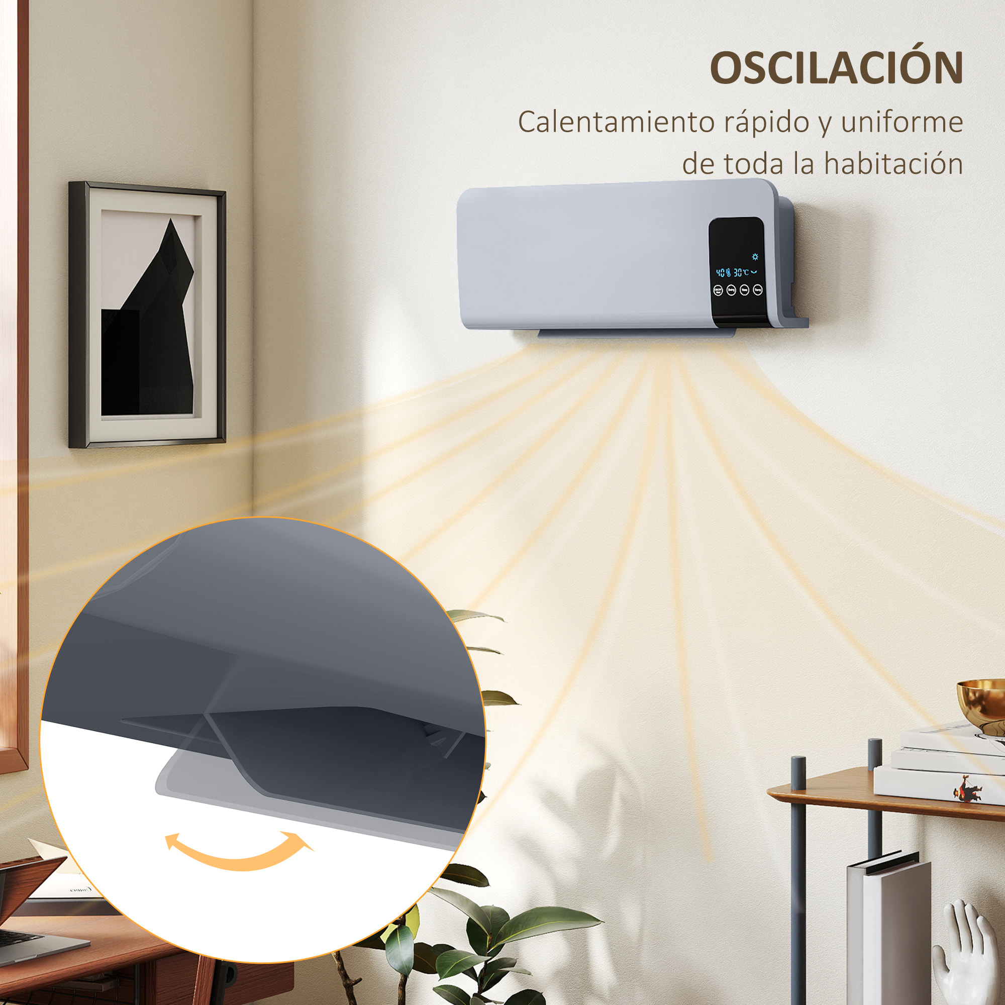 Calefactor Eléctrico Bajo Consumo, 1000W/2000W, Calefactor de Baño de Pared con Función de Oscilación, Pantalla LED, Protección contra Sobrecalentamiento, Temporizador, Mando a Distancia, Gris