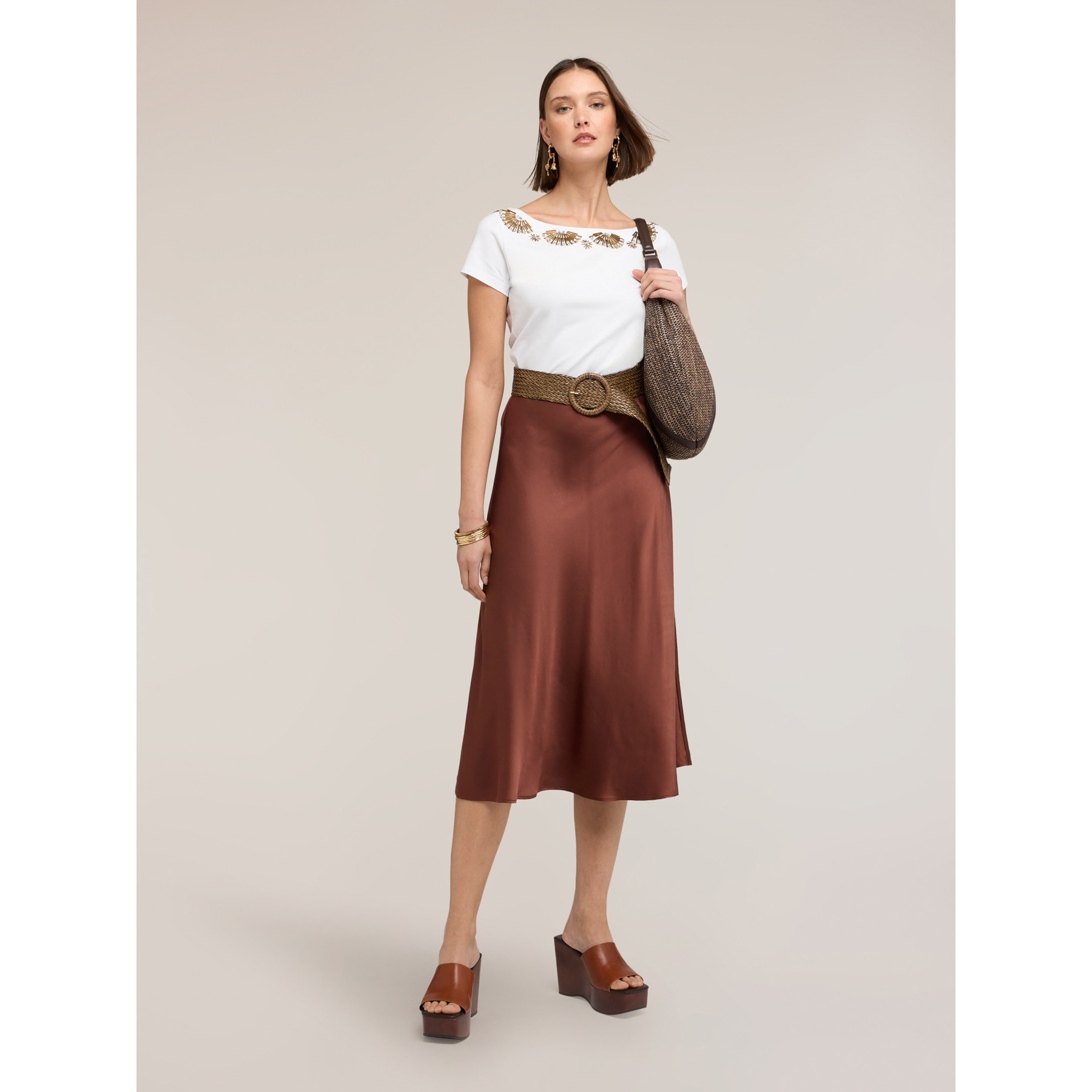 Motivi - Gonna midi linea ad A in raso - Marrone