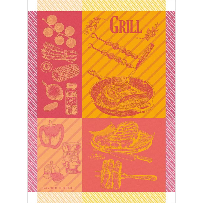 Torchon pur coton motif jacquard vert rouge Le grill ketchup