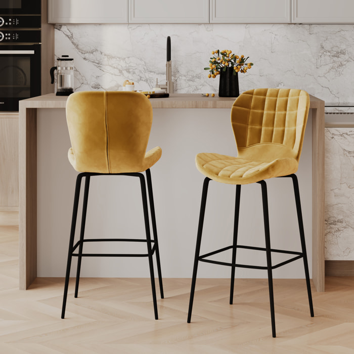 Lot de 2 chaises de bar en velours jaune curry 75 cm - Mazzia