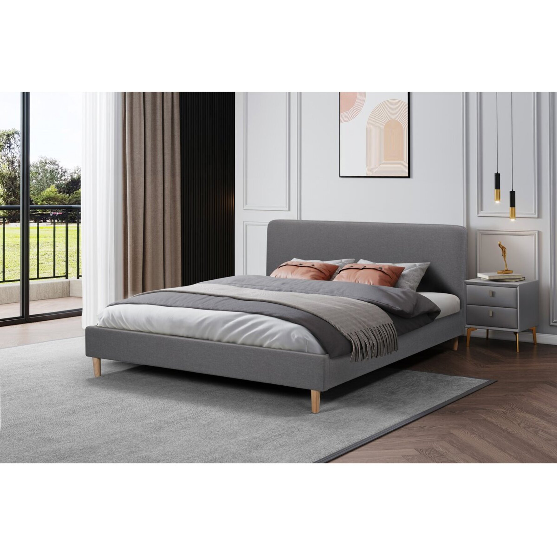 Lit double en tissu "Louise" - 140 x 190 cm - Gris