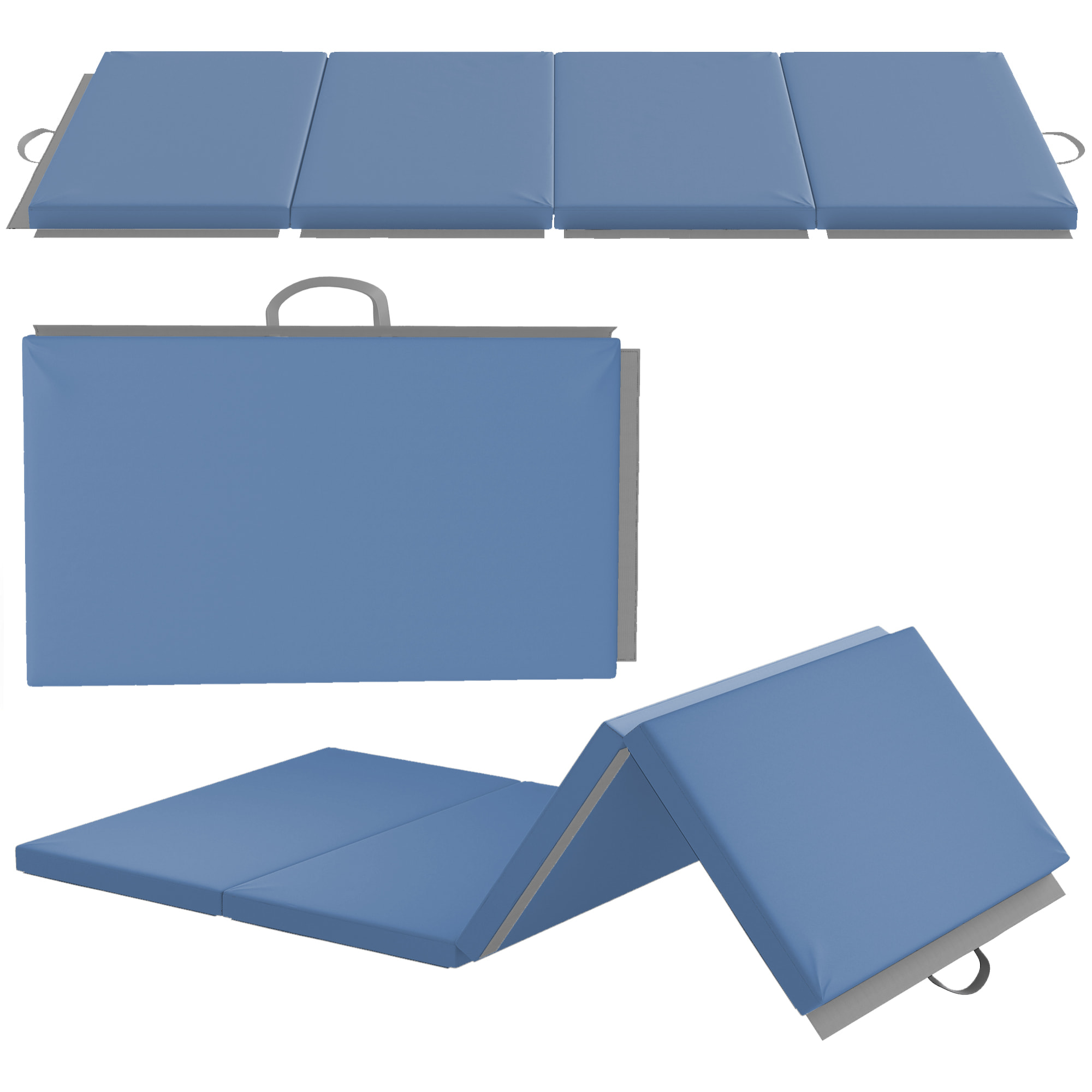 Tapis de gym yoga fitness pliable - poignée - revêtement synthétique - bleu