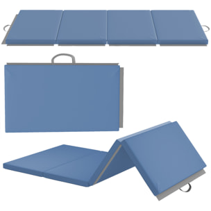 Tapis de gym yoga fitness pliable - poignée - revêtement synthétique - bleu