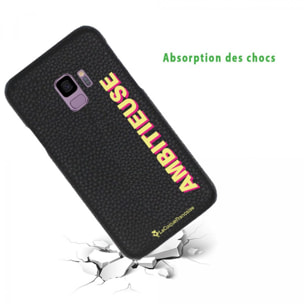 Coque Samsung Galaxy S9 effet cuir grainé noir Ambitieuse jaune et fushia Design La Coque Francaise