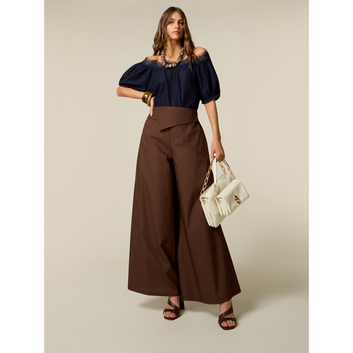 Oltre - Pantaloni wide leg con baschina in vita - Marrone