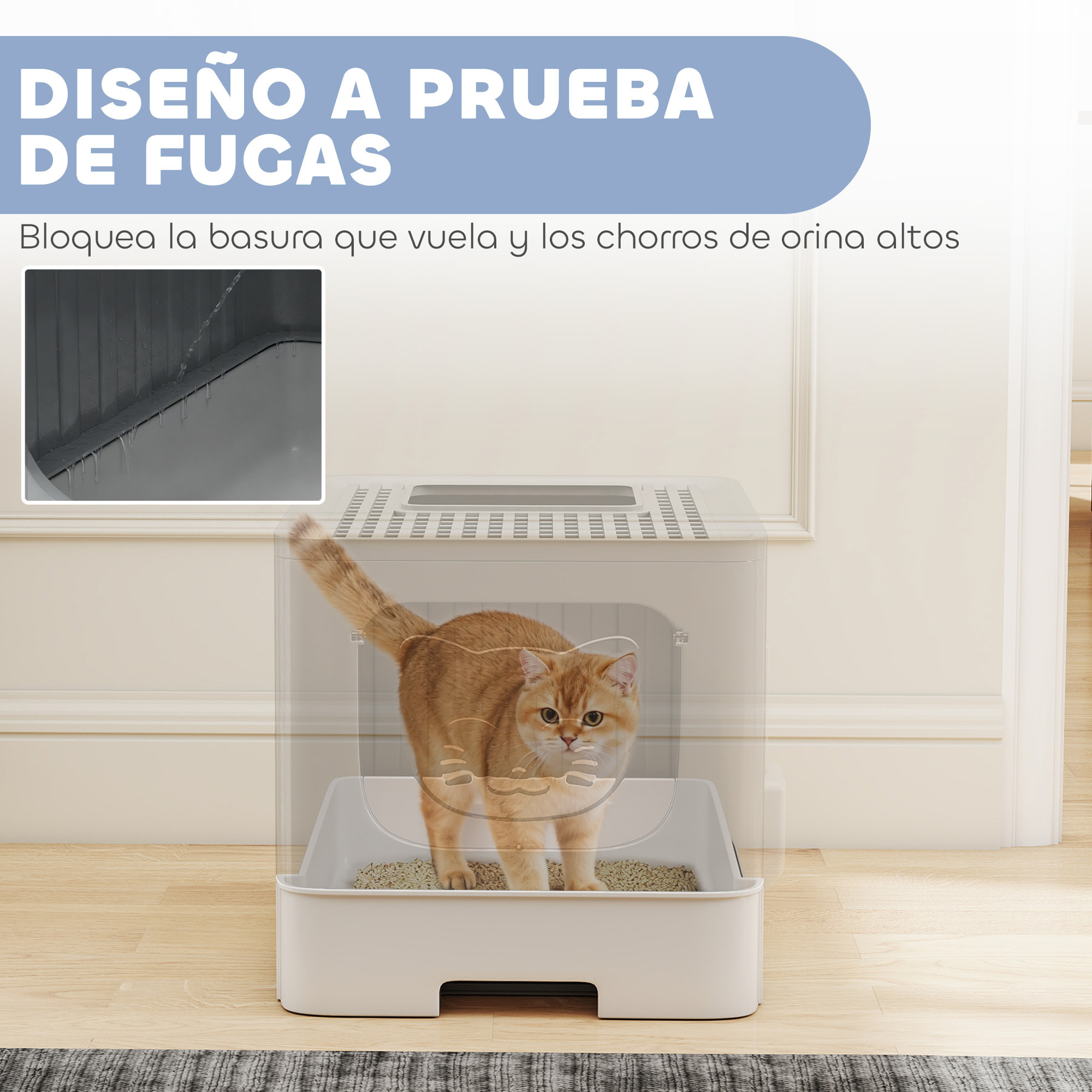 Arenero para Gatos Plegable, M, Caja de Arena para Gatos con Tapa Enrejada, Bandeja Extraíble, Pala, Gancho Lateral, Fácil de Limpiar, Antifugas, Control de Olores, Gris