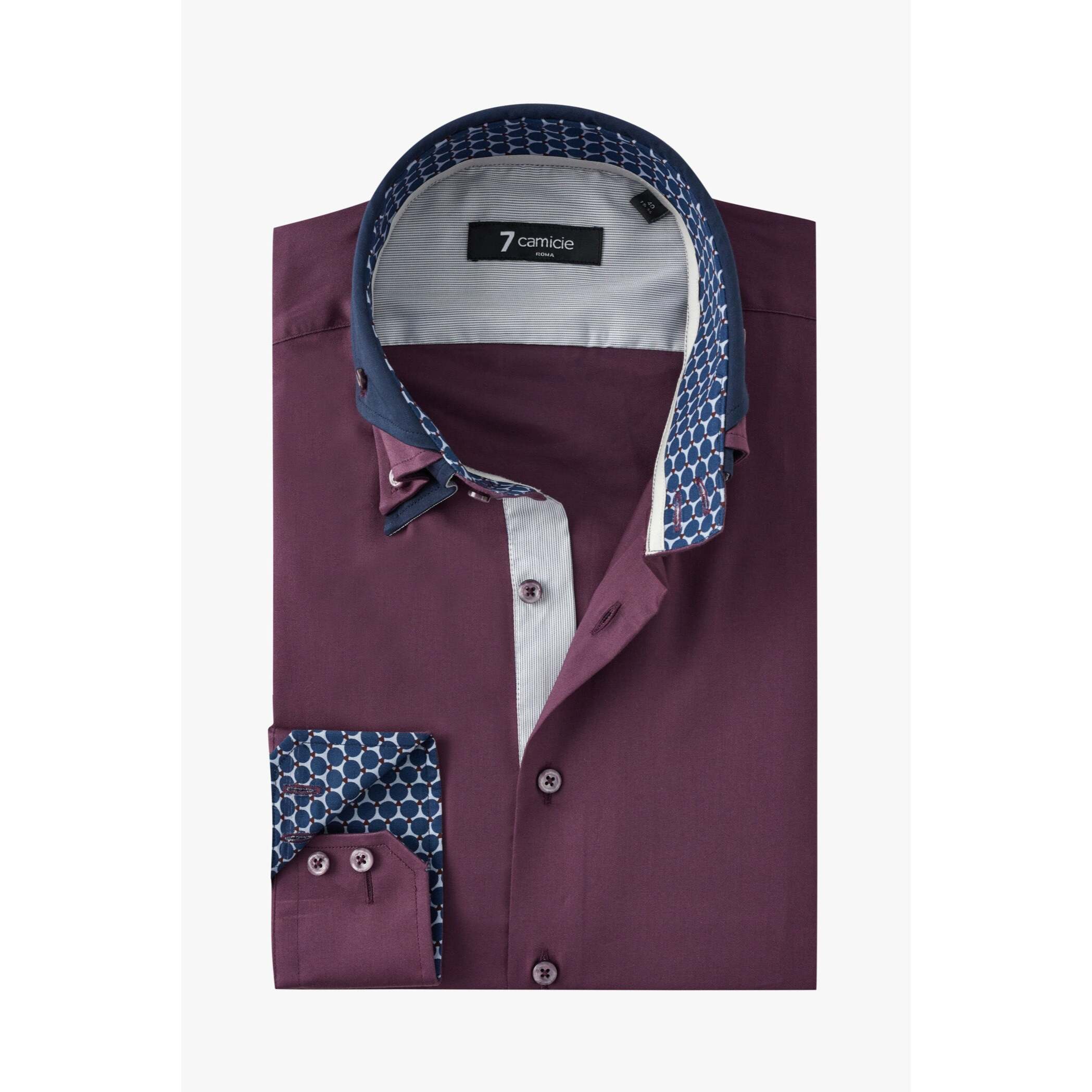 Camicia Uomo 2 Bottoni Button Down Triplo Collo Slim Satin Unito Viola Melanzana