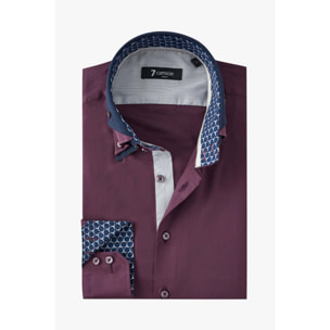 Camicia Uomo 2 Bottoni Button Down Triplo Collo Slim Satin Unito Viola Melanzana