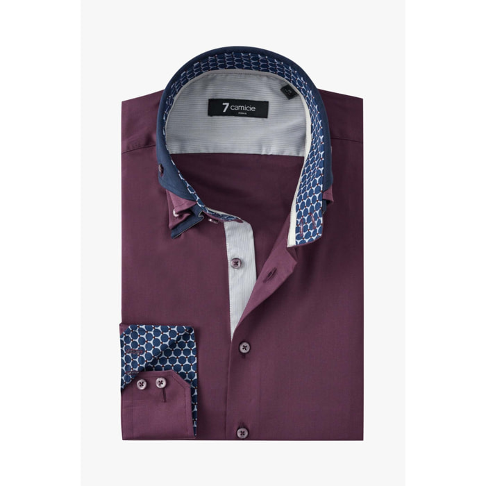 Camicia Uomo 2 Bottoni Button Down Triplo Collo Slim Satin Unito Viola Melanzana