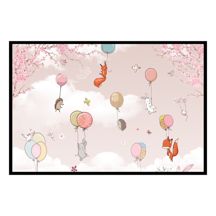 Affiche encadrée animaux ballons ciel rose Affiche + cadre en métal - Noir