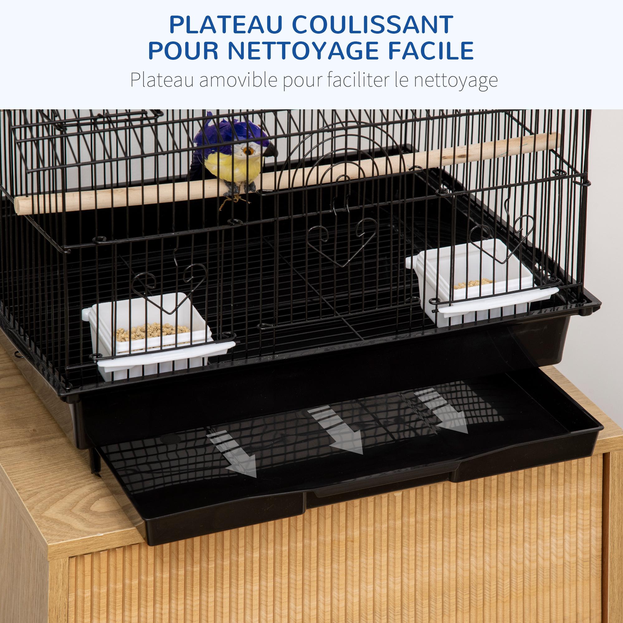 Cage à oiseaux design maison perchoirs mangeoires balançoire 3 portes plateau excrément amovible + poignée transport métal noir