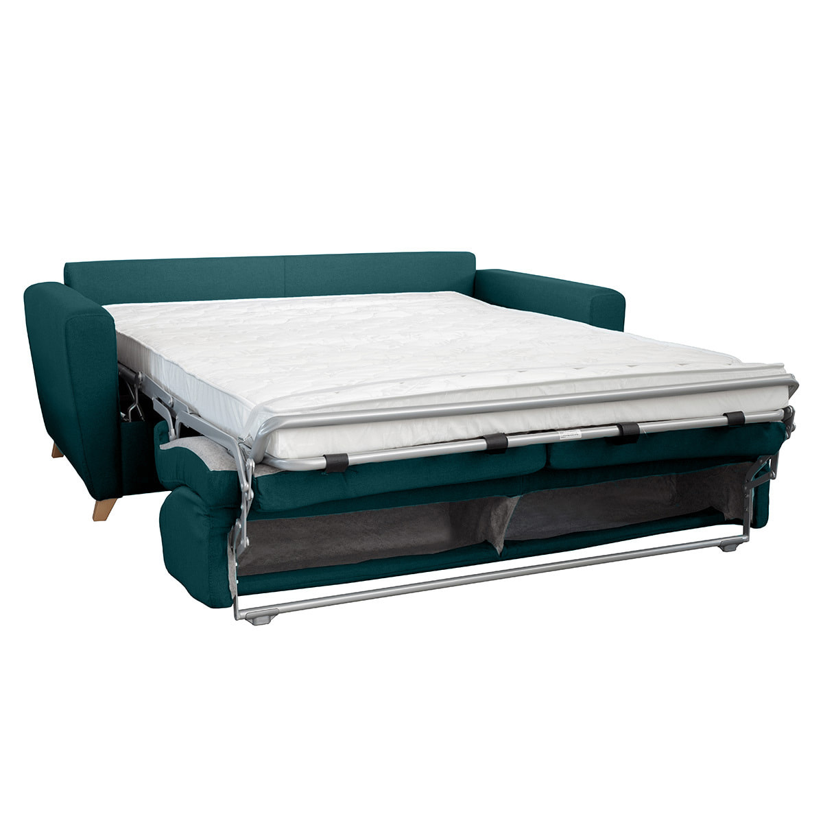 Canapé convertible 3 places en tissu bleu canard et bois clair avec matelas L140 cm 13 cm GRAHAM