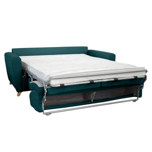 Canapé convertible 3 places en tissu bleu canard et bois clair avec matelas L140 cm 13 cm GRAHAM