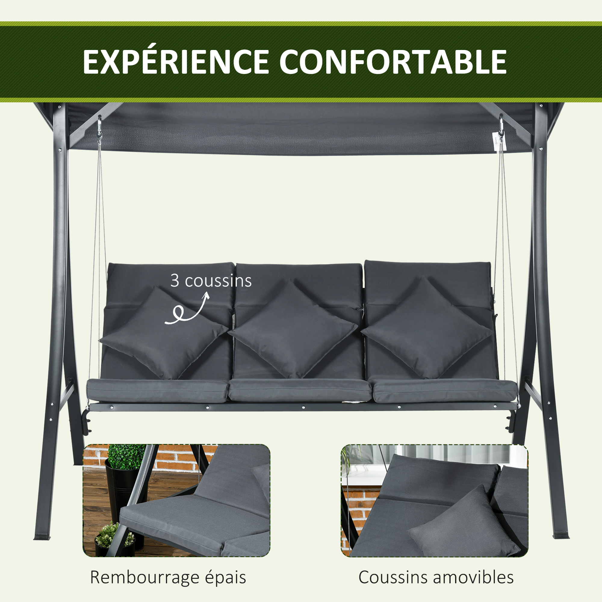 Balancelle de jardin 3 places grand confort toit inclinaison réglable épais coussins polyester acier époxy gris