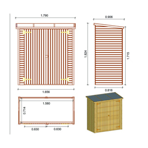 ABRI JARDIN BOIS ADOSSABLE LIPKI - 1.79 X 0.90 X 1.78/1.87 m